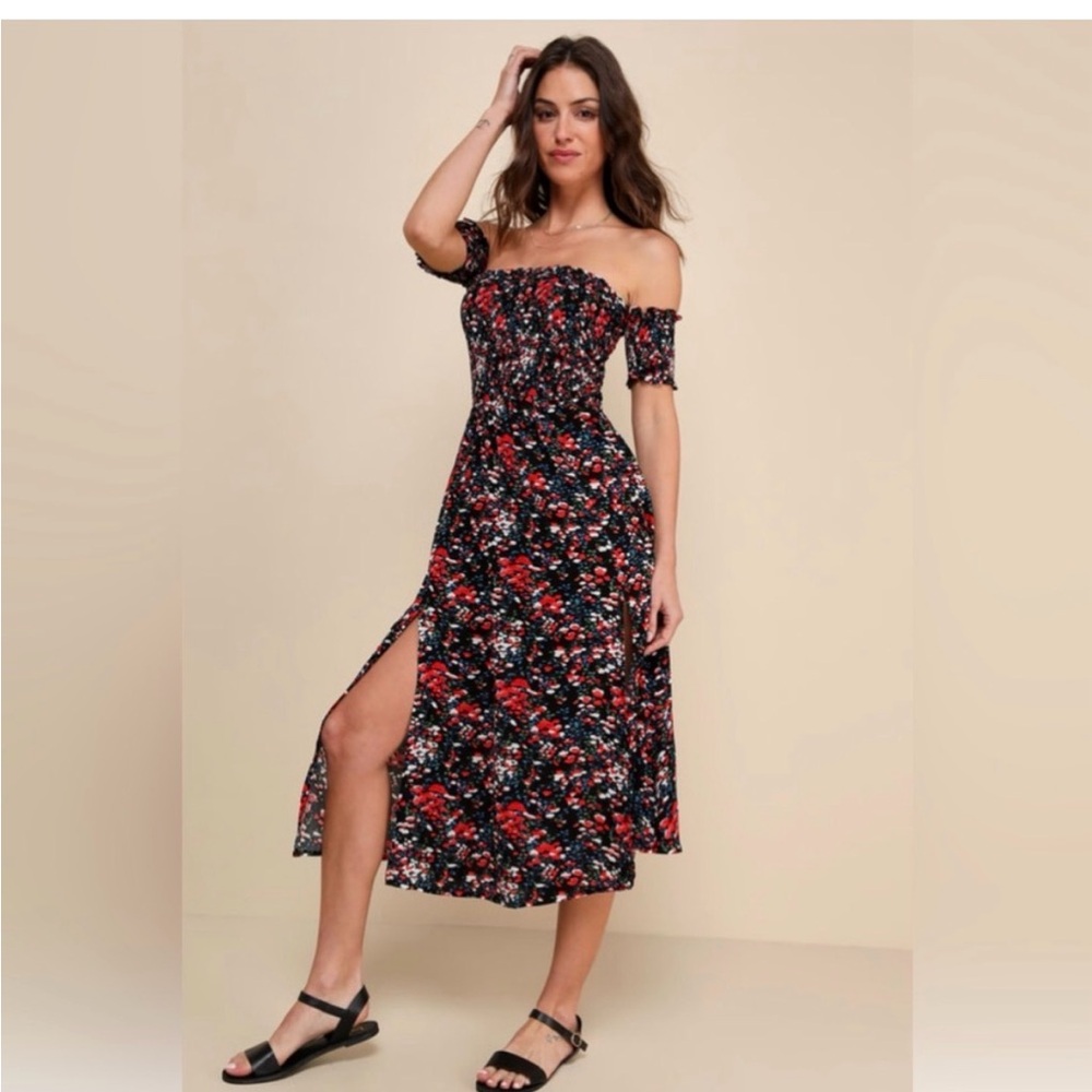 Lulu's Black Off-Shoulder Floral Midi Dress with Red & White Blooms
